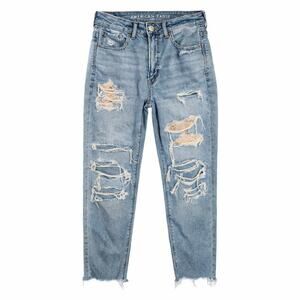 American Eagle Mom Straight Jeans Womens 2 Reg Blue Thrashed Med Wash Ripped